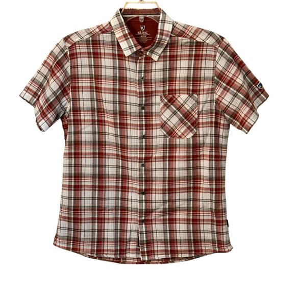 Men's KUHL Red Plaid Short Sleeve Button Down Collar Shirt Large Outdoors Hiking - Picture 1 of 8